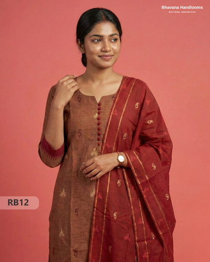 Women’s Handloom Printed Cotton Suit Set with Potli Balls – Brown & Red Double weave Colour