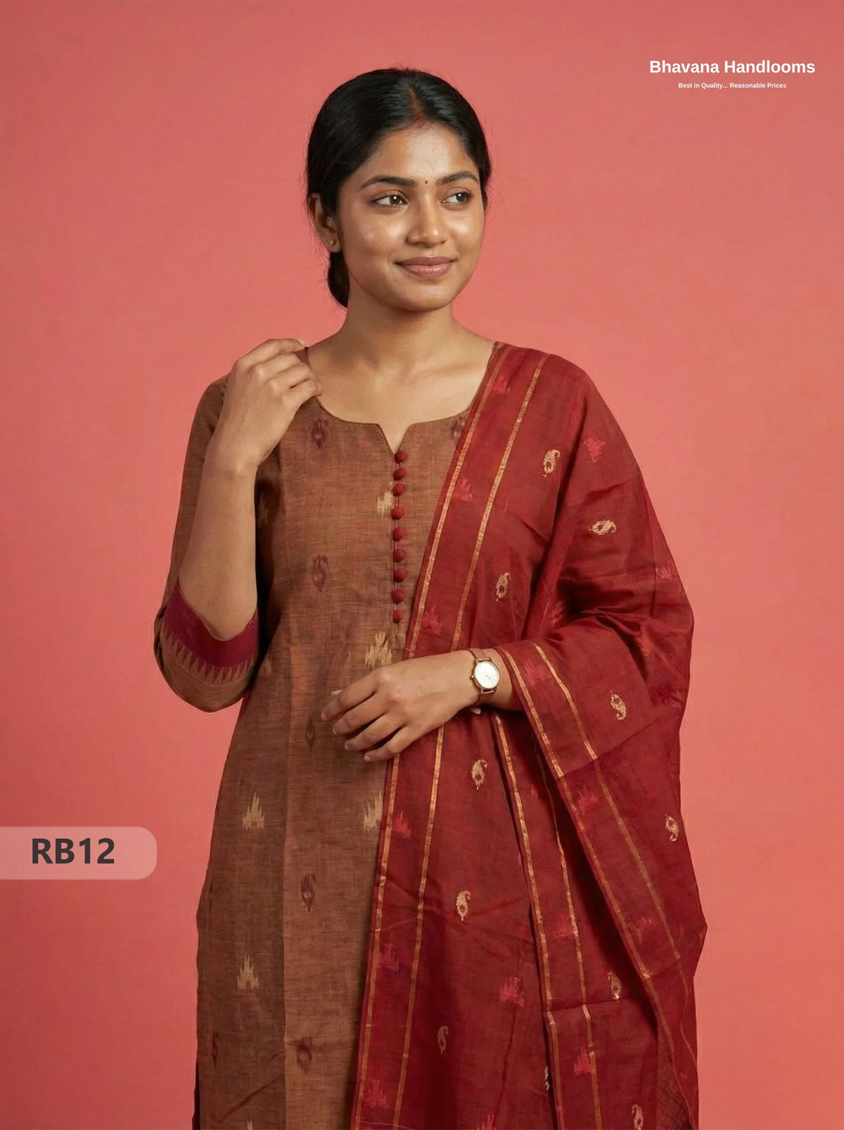Women’s Handloom Printed Cotton Suit Set with Potli Balls – Brown & Red Double weave Colour