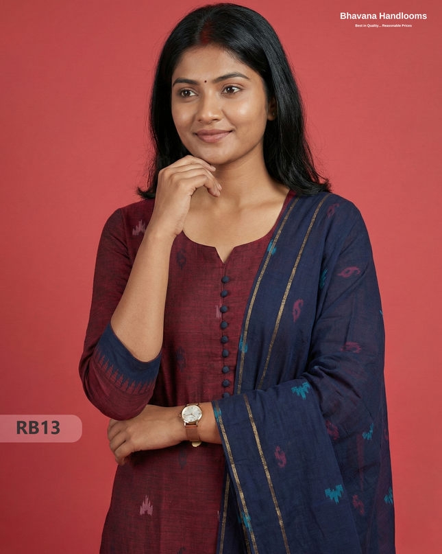 Women’s Handloom Printed Cotton Suit Set with Potli Balls – Dark Red & Navy Blue Double weave Colour