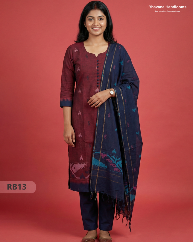 Women’s Handloom Printed Cotton Suit Set with Potli Balls – Dark Red & Navy Blue Double weave Colour