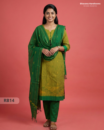 Women’s Handloom Printed Cotton Suit Set with Potli Balls – Green & Yellow Double weave Colour