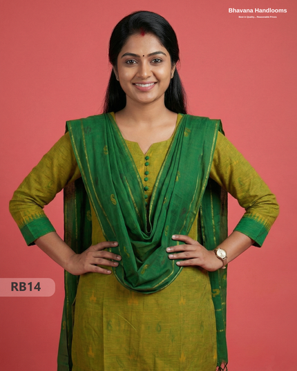 Women’s Handloom Printed Cotton Suit Set with Potli Balls – Green & Yellow Double weave Colour