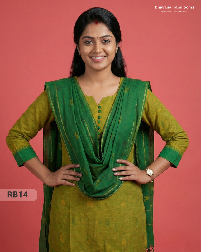 Women’s Handloom Printed Cotton Suit Set with Potli Balls – Green & Yellow Double weave Colour