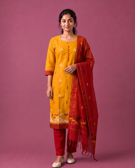 Women’s Handloom Printed Cotton Suit Set in Mustard Yellow & Red Double Weave Colour with Potli Balls | Ready to Wear