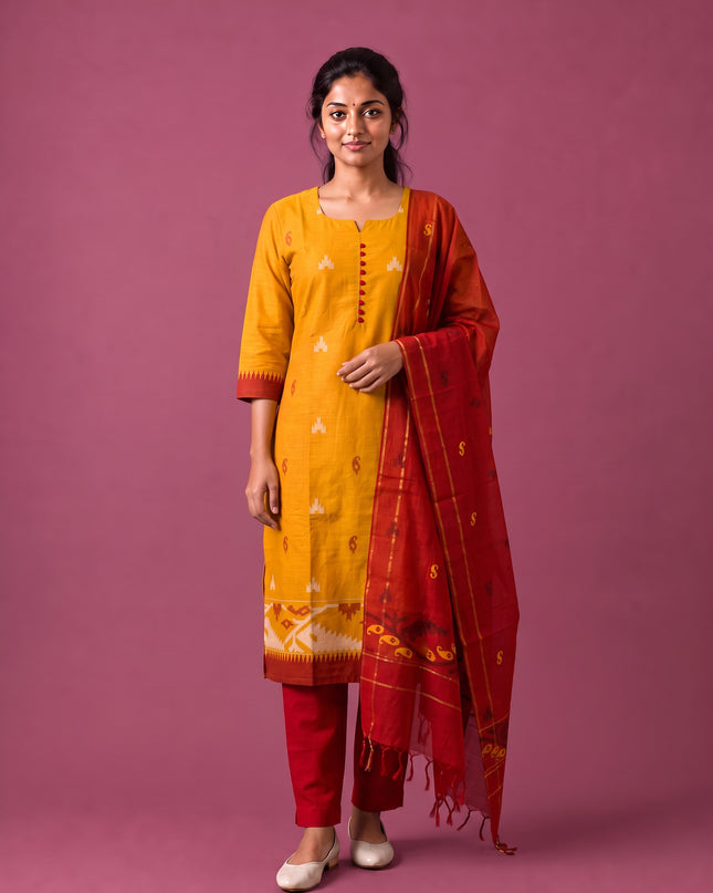 Women’s Handloom Printed Cotton Suit Set in Mustard Yellow & Red Double Weave Colour with Potli Balls | Ready to Wear