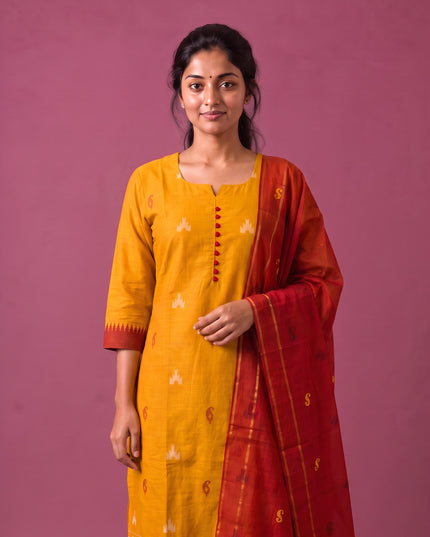Women’s Handloom Printed Cotton Suit Set in Mustard Yellow & Red Double Weave Colour with Potli Balls | Ready to Wear