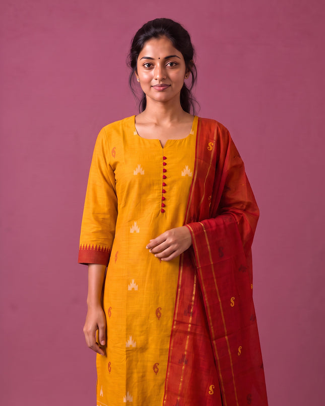 Women’s Handloom Printed Cotton Suit Set in Mustard Yellow & Red Double Weave Colour with Potli Balls | Ready to Wear