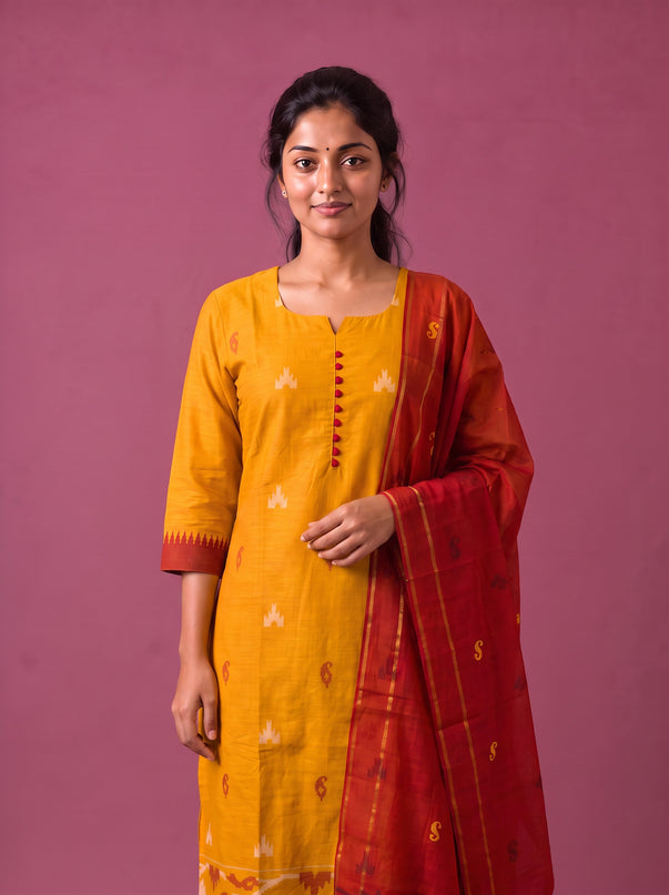 Women’s Handloom Printed Cotton Suit Set in Mustard Yellow & Red Double Weave Colour with Potli Balls | Ready to Wear