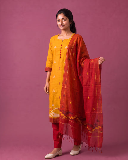 Women’s Handloom Printed Cotton Suit Set in Mustard Yellow & Red Double Weave Colour with Potli Balls | Ready to Wear