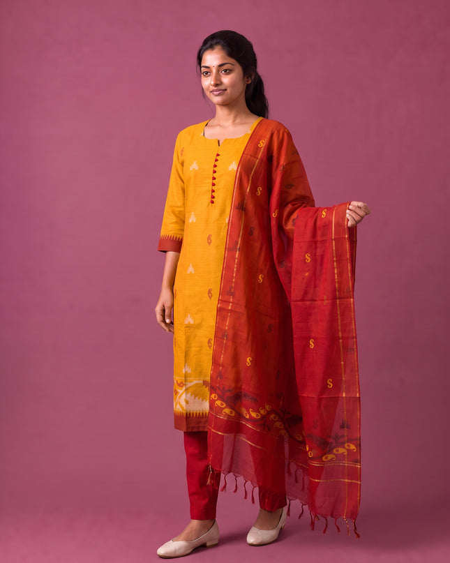 Women’s Handloom Printed Cotton Suit Set in Mustard Yellow & Red Double Weave Colour with Potli Balls | Ready to Wear