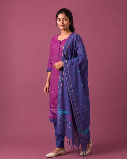Women’s Handloom Printed Cotton Suit Set in Magenta Pink & Royal Blue Double Weave Colour with Potli Balls | Ready to Wear