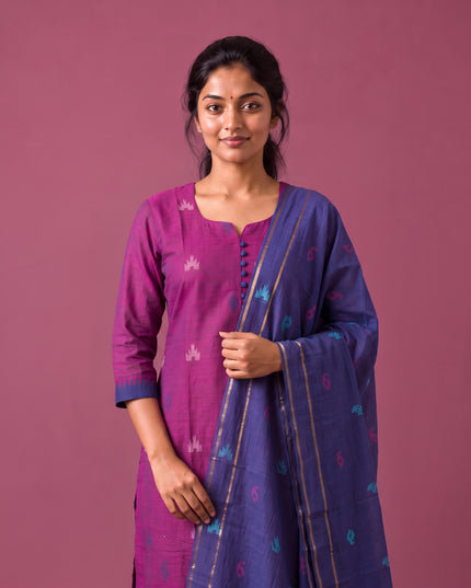 Women’s Handloom Printed Cotton Suit Set in Magenta Pink & Royal Blue Double Weave Colour with Potli Balls | Ready to Wear
