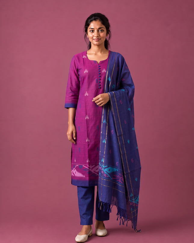 Women’s Handloom Printed Cotton Suit Set in Magenta Pink & Royal Blue Double Weave Colour with Potli Balls | Ready to Wear