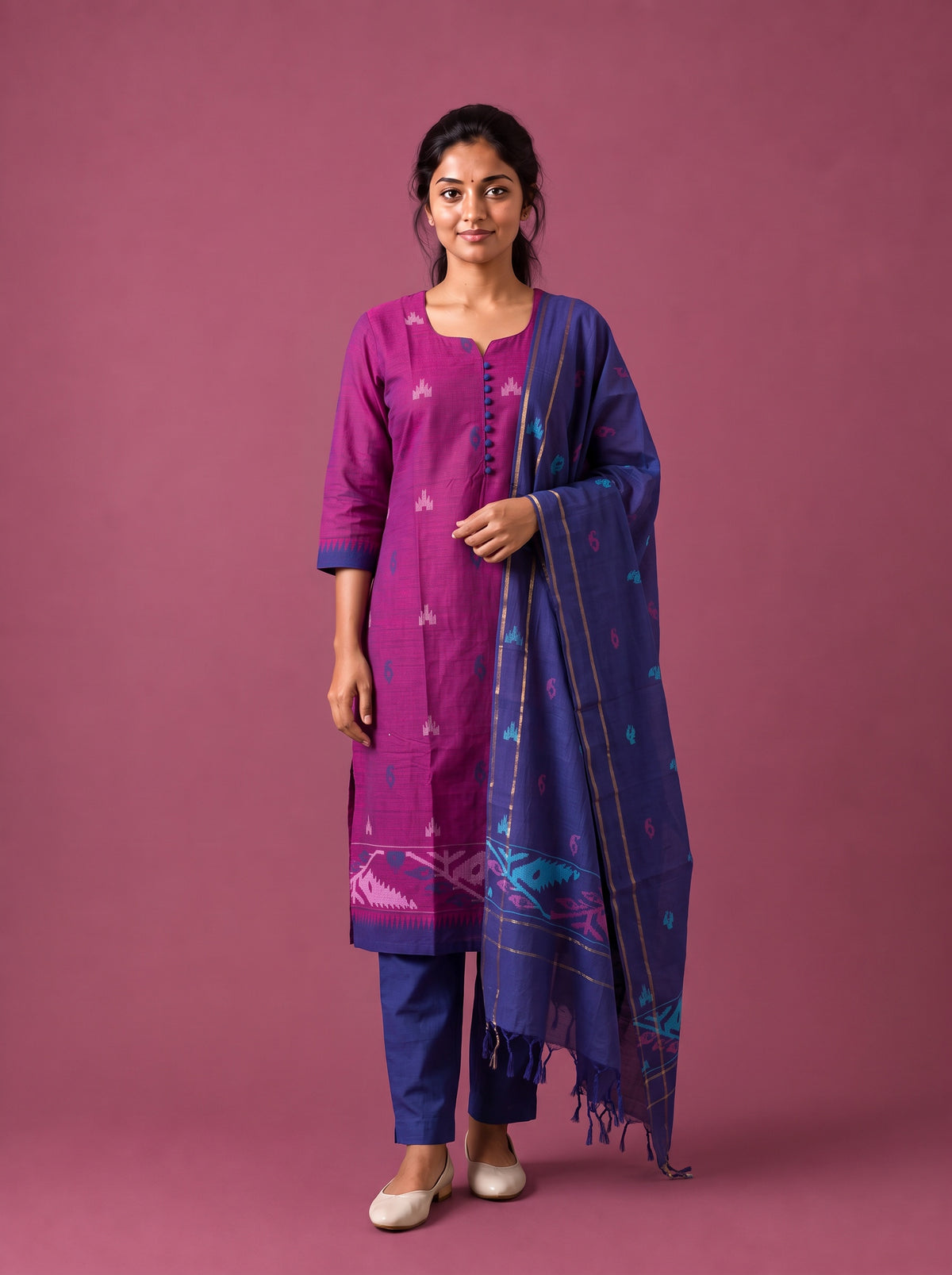 Women’s Handloom Printed Cotton Suit Set in Magenta Pink & Royal Blue Double Weave Colour with Potli Balls | Ready to Wear