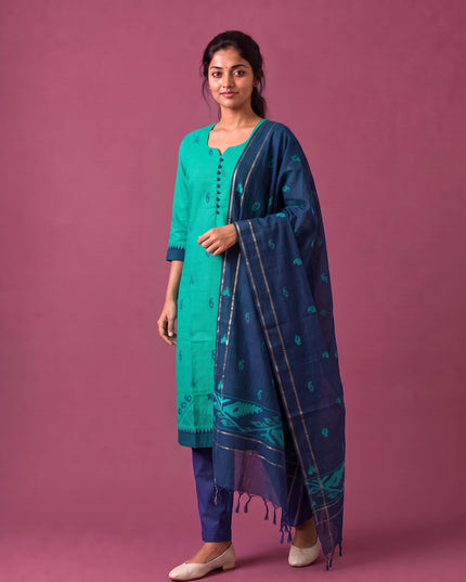 Women’s Handloom Printed Cotton Suit Set in Aqua Green & Navy Blue Double Weave Colour with Potli Balls | Ready to Wear