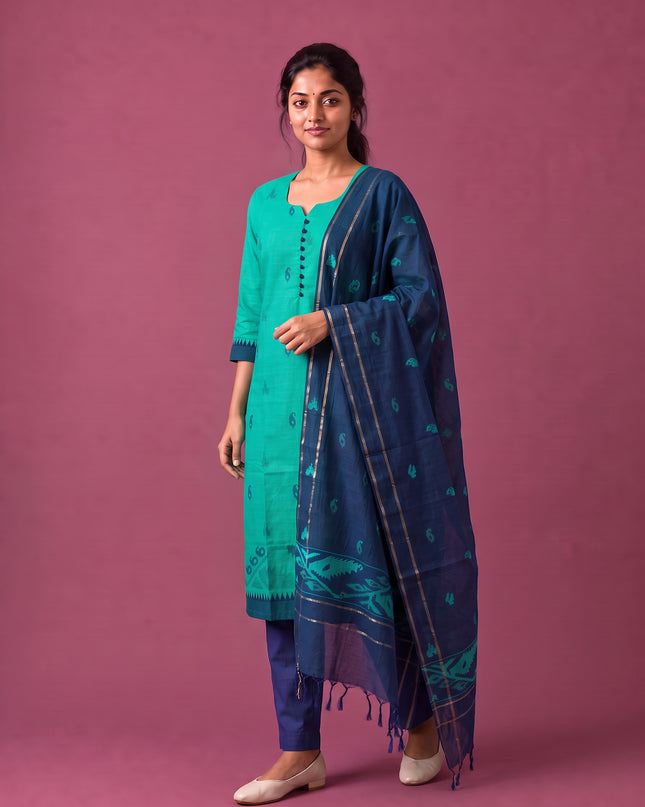 Women’s Handloom Printed Cotton Suit Set in Aqua Green & Navy Blue Double Weave Colour with Potli Balls | Ready to Wear