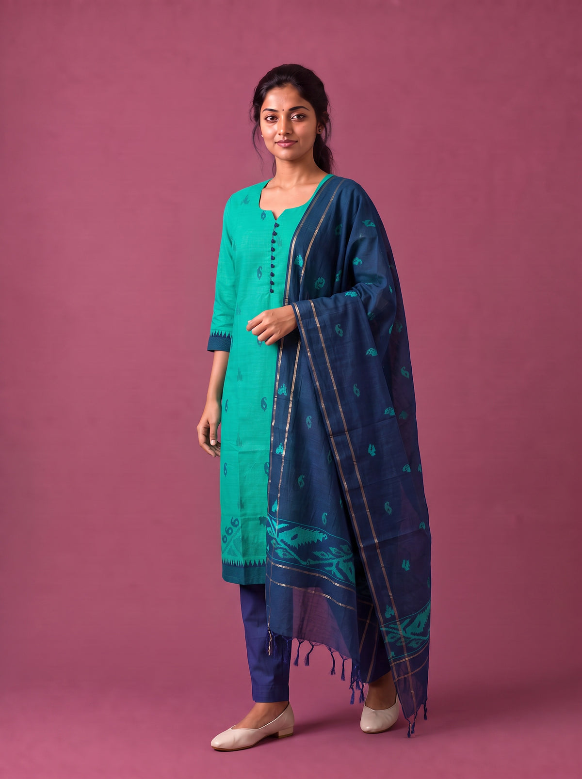 Women’s Handloom Printed Cotton Suit Set in Aqua Green & Navy Blue Double Weave Colour with Potli Balls | Ready to Wear