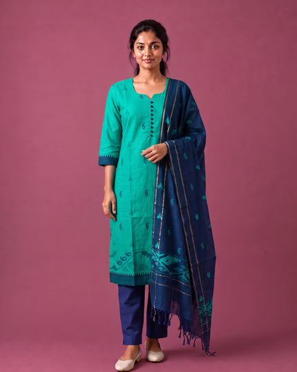 Women’s Handloom Printed Cotton Suit Set in Aqua Green & Navy Blue Double Weave Colour with Potli Balls | Ready to Wear