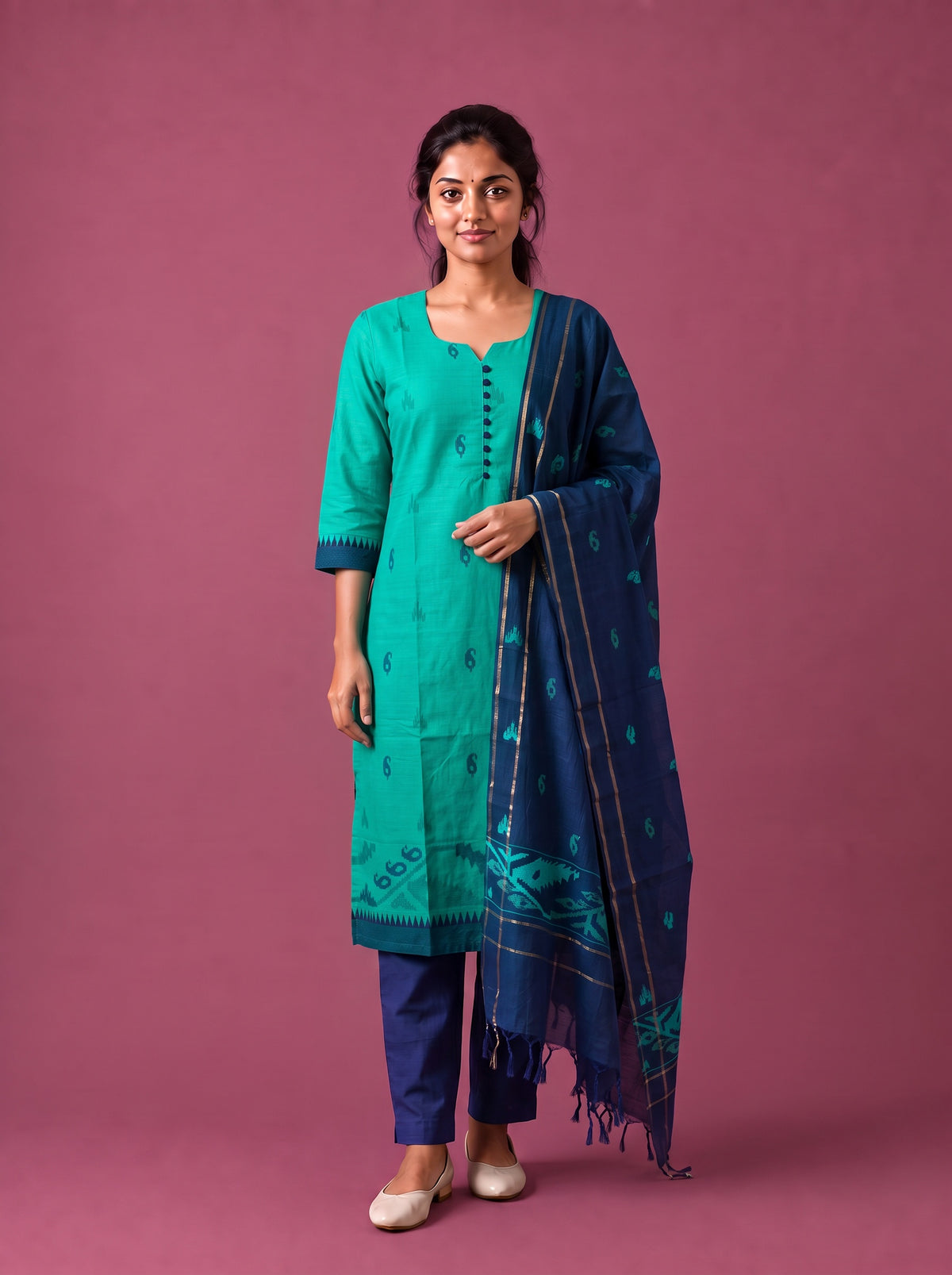 Women’s Handloom Printed Cotton Suit Set in Aqua Green & Navy Blue Double Weave Colour with Potli Balls | Ready to Wear