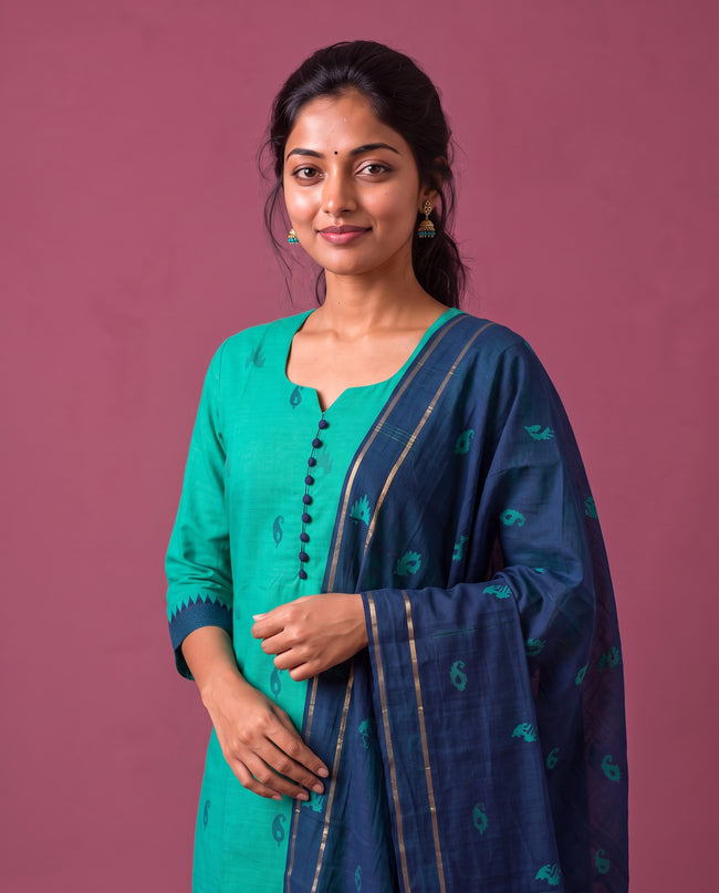 Women’s Handloom Printed Cotton Suit Set in Aqua Green & Navy Blue Double Weave Colour with Potli Balls | Ready to Wear