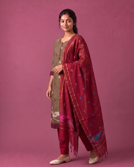 Women’s Handloom Printed Cotton Suit Set in Coffee Brown & Maroon Double Weave Colour with Potli Balls | Ready to Wear