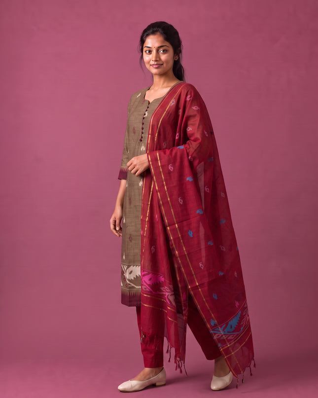 Women’s Handloom Printed Cotton Suit Set in Coffee Brown & Maroon Double Weave Colour with Potli Balls | Ready to Wear