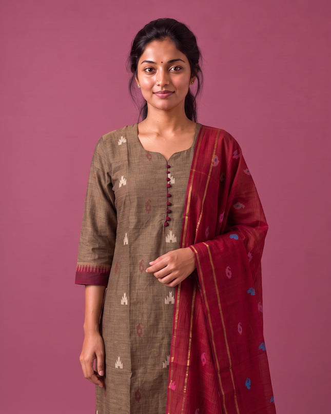 Women’s Handloom Printed Cotton Suit Set in Coffee Brown & Maroon Double Weave Colour with Potli Balls | Ready to Wear