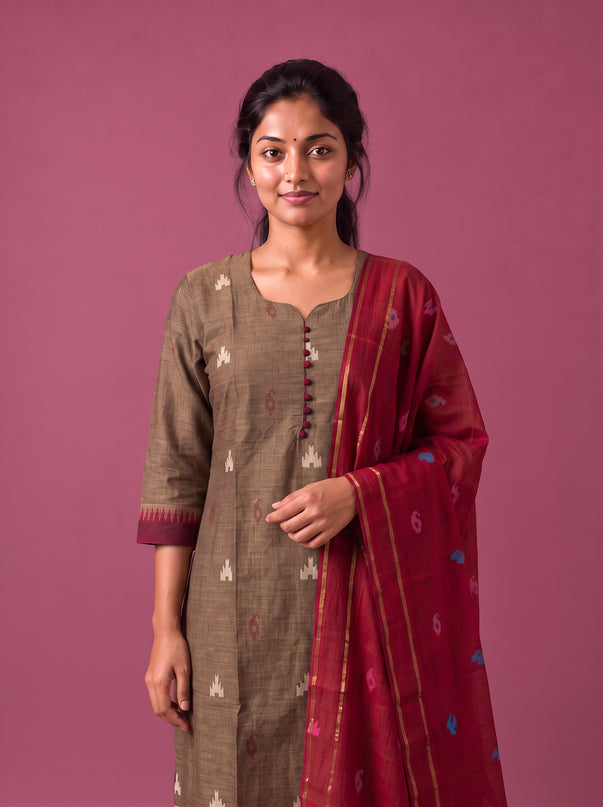 Women’s Handloom Printed Cotton Suit Set in Coffee Brown & Maroon Double Weave Colour with Potli Balls | Ready to Wear