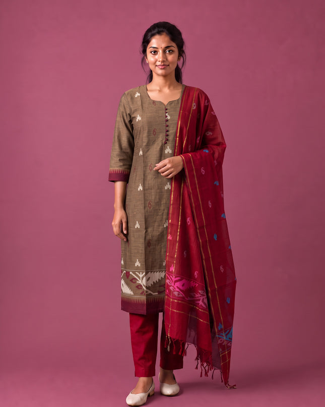 Women’s Handloom Printed Cotton Suit Set in Coffee Brown & Maroon Double Weave Colour with Potli Balls | Ready to Wear
