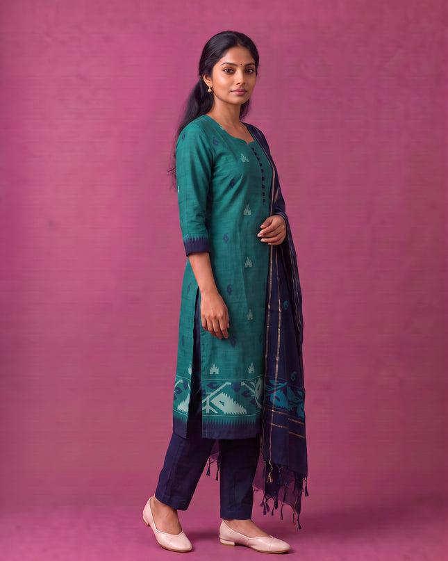 Women’s Handloom Printed Cotton Suit Set in Teal Green & Navy Blue Double Weave Colour with Potli Balls | Ready to Wear