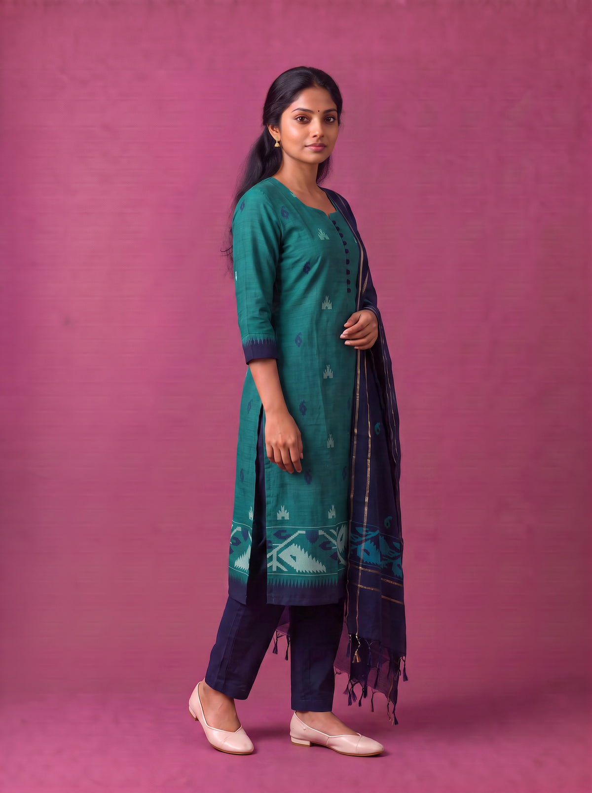 Women’s Handloom Printed Cotton Suit Set in Teal Green & Navy Blue Double Weave Colour with Potli Balls | Ready to Wear