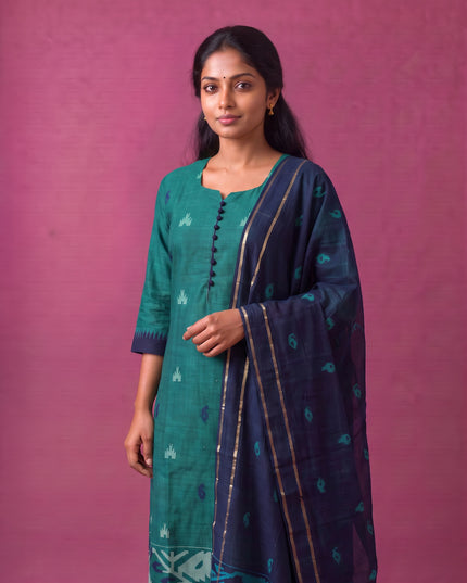 Women’s Handloom Printed Cotton Suit Set in Teal Green & Navy Blue Double Weave Colour with Potli Balls | Ready to Wear