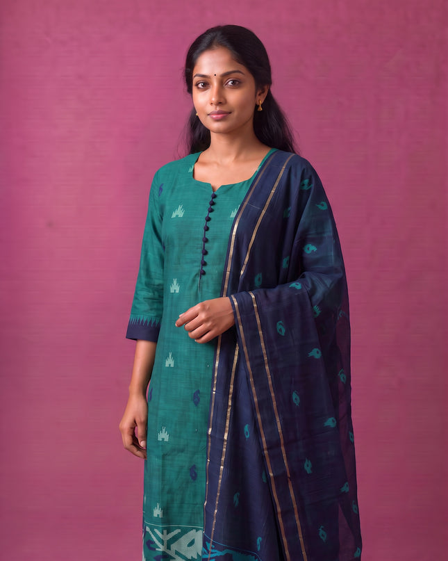 Women’s Handloom Printed Cotton Suit Set in Teal Green & Navy Blue Double Weave Colour with Potli Balls | Ready to Wear