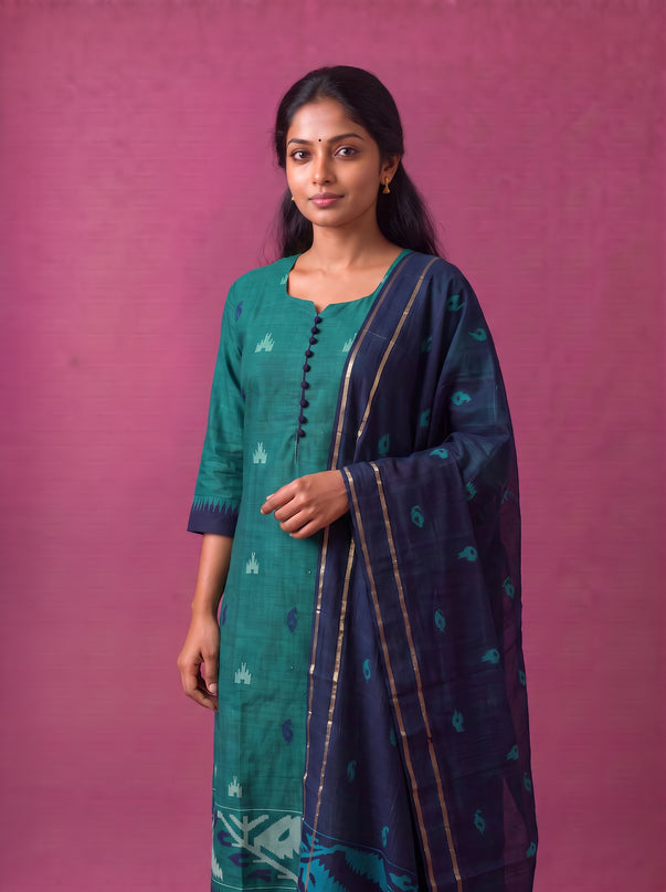 Women’s Handloom Printed Cotton Suit Set in Teal Green & Navy Blue Double Weave Colour with Potli Balls | Ready to Wear
