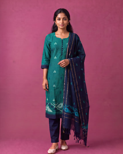 Women’s Handloom Printed Cotton Suit Set in Teal Green & Navy Blue Double Weave Colour with Potli Balls | Ready to Wear
