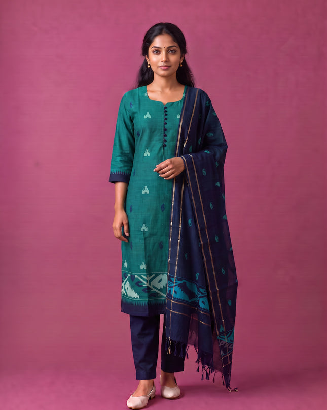 Women’s Handloom Printed Cotton Suit Set in Teal Green & Navy Blue Double Weave Colour with Potli Balls | Ready to Wear