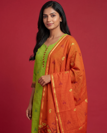 Women's Handloom Printed Cotton Suit Set in Mustard Yellow & Red Double Weave Colour with Potli Balls | Ready to Wear