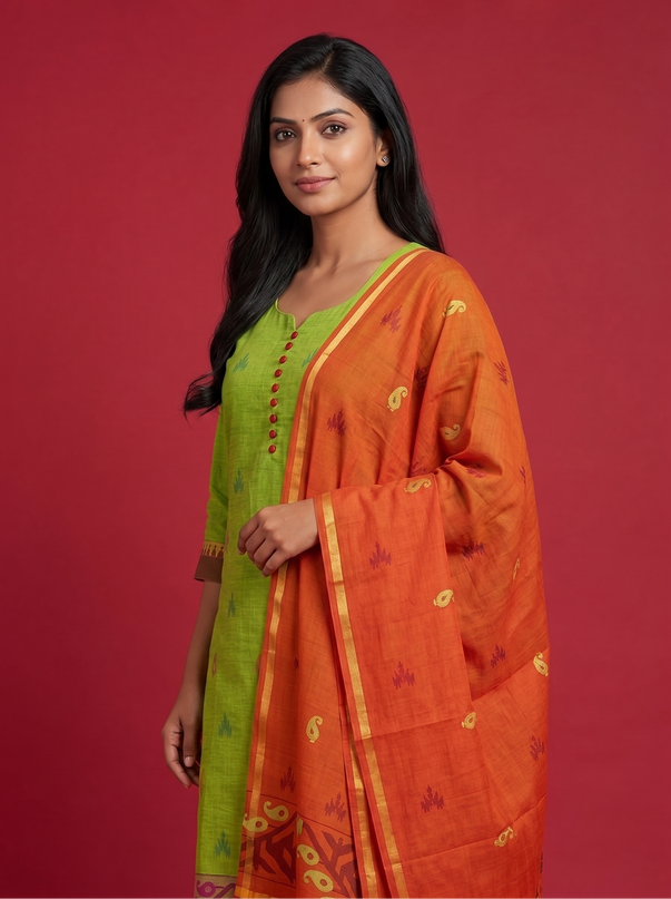 Women's Handloom Printed Cotton Suit Set in Mustard Yellow & Red Double Weave Colour with Potli Balls | Ready to Wear
