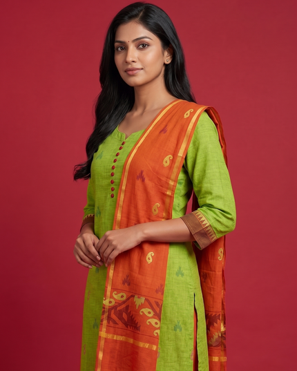 Women's Handloom Printed Cotton Suit Set in Mustard Yellow & Red Double Weave Colour with Potli Balls | Ready to Wear