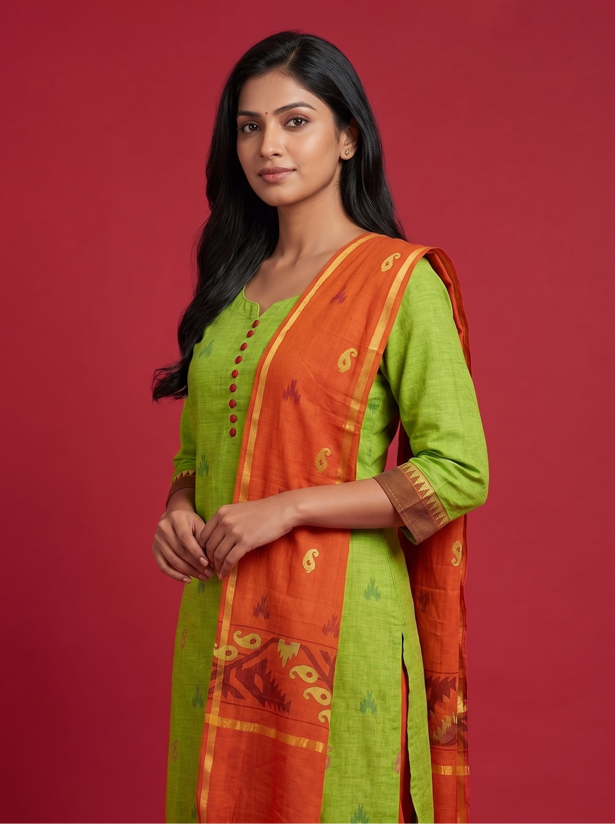 Women’s Handloom Cotton Suit Set in Parrot Green with Orange Dupatta | Printed | Ready to Wear