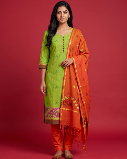 Women's Handloom Printed Cotton Suit Set in Mustard Yellow & Red Double Weave Colour with Potli Balls | Ready to Wear