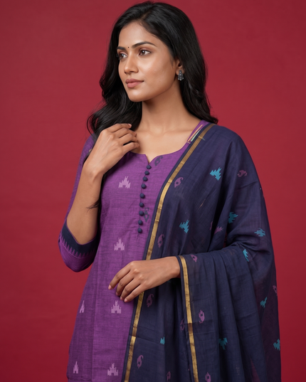 Women's Handloom Printed Cotton Suit Set in Mustard Yellow & Red Double Weave Colour with Potli Balls | Ready to Wear