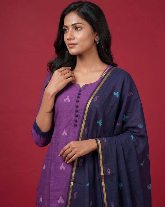 Women’s Handloom Cotton Suit Set in Purple with Navy Dupatta | Printed | Ready to Wear