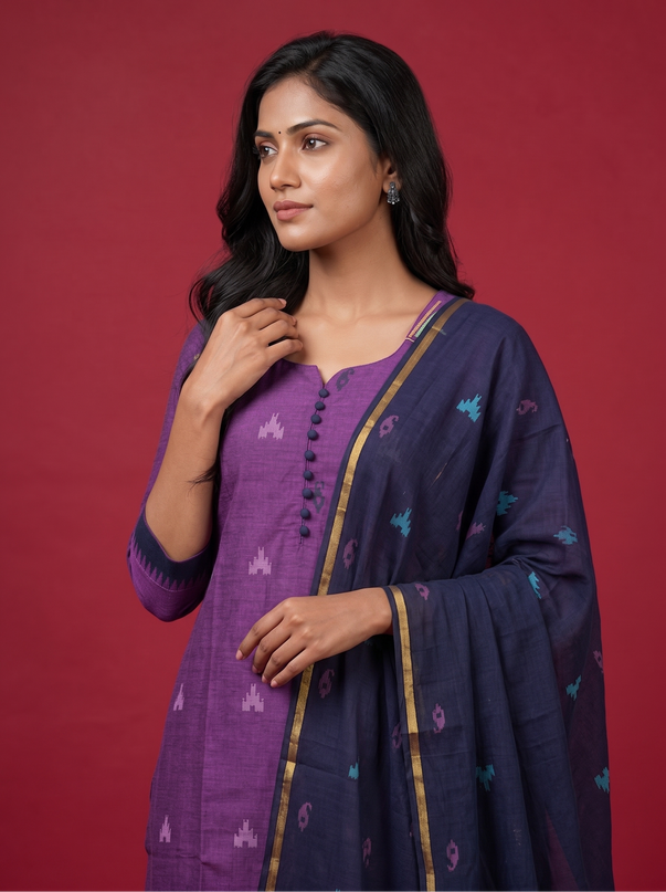 Women's Handloom Printed Cotton Suit Set in Mustard Yellow & Red Double Weave Colour with Potli Balls | Ready to Wear