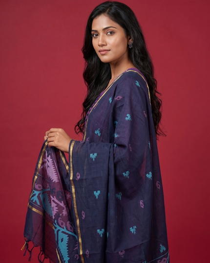 Women's Handloom Printed Cotton Suit Set in Mustard Yellow & Red Double Weave Colour with Potli Balls | Ready to Wear