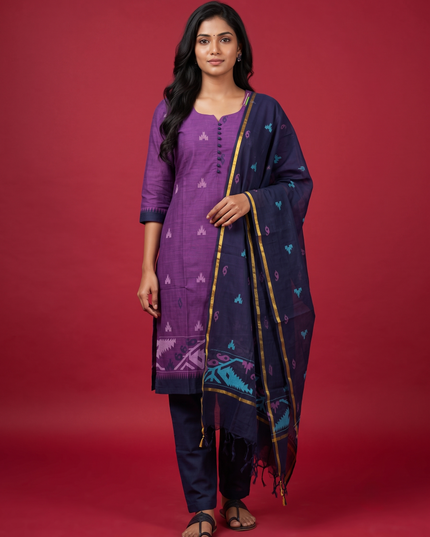 Women's Handloom Printed Cotton Suit Set in Mustard Yellow & Red Double Weave Colour with Potli Balls | Ready to Wear