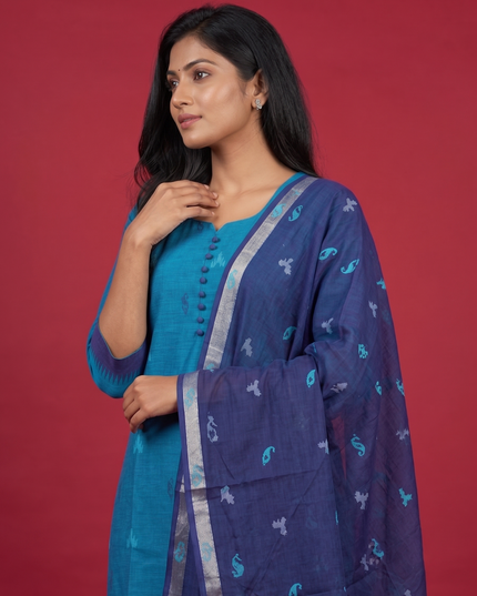 Women's Handloom Printed Cotton Suit Set in Mustard Yellow & Red Double Weave Colour with Potli Balls | Ready to Wear