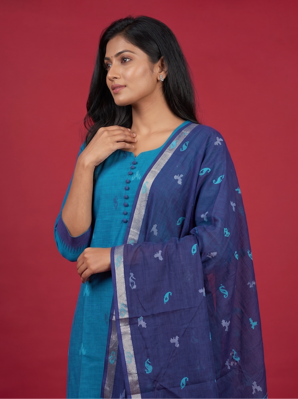 Women's Handloom Printed Cotton Suit Set in Mustard Yellow & Red Double Weave Colour with Potli Balls | Ready to Wear