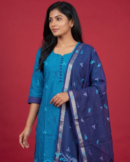 Women's Handloom Printed Cotton Suit Set in Mustard Yellow & Red Double Weave Colour with Potli Balls | Ready to Wear