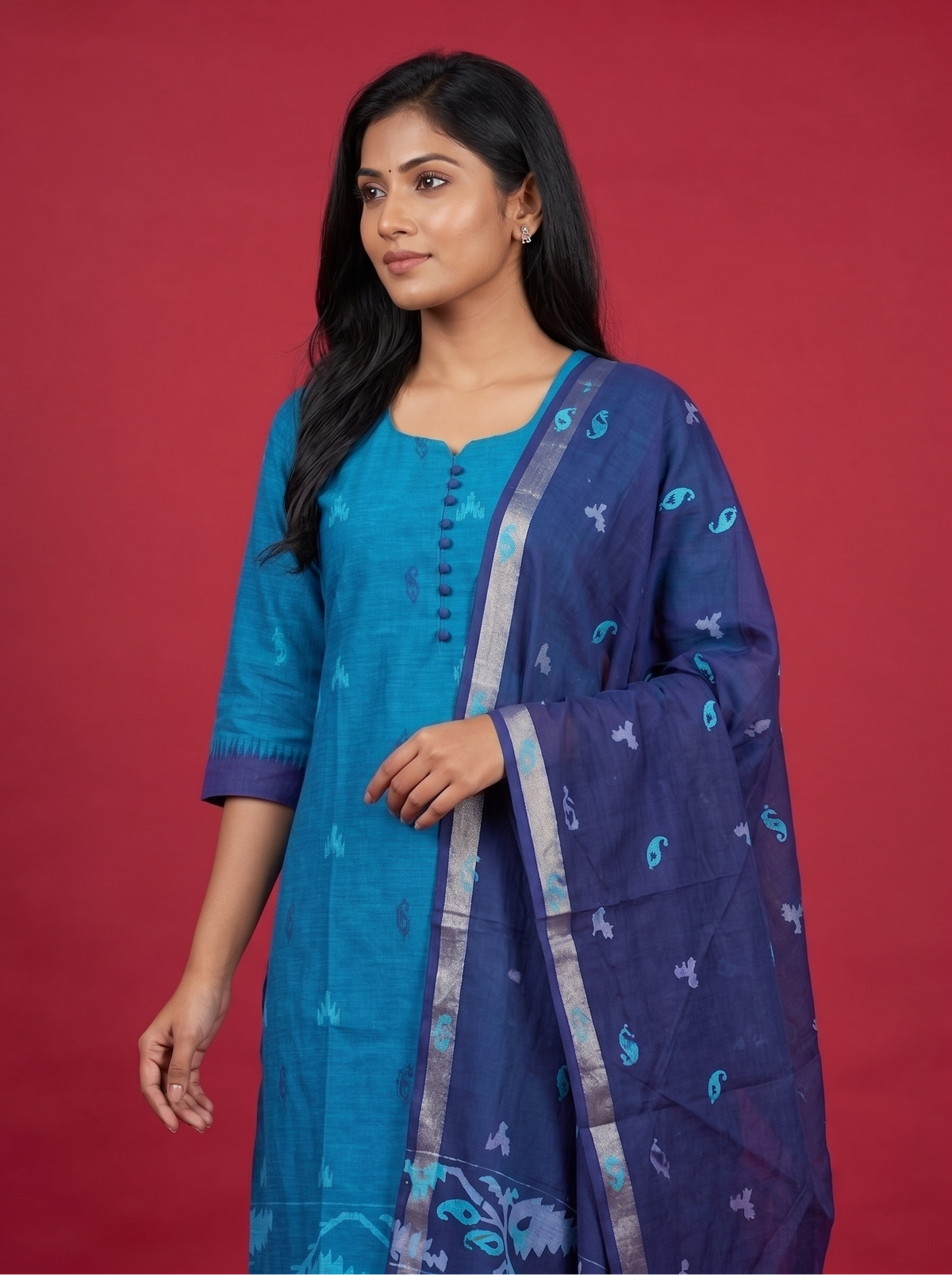 Women’s Handloom Cotton Suit Set in Sea Blue with Navy Dupatta | Printed | Ready to Wear
